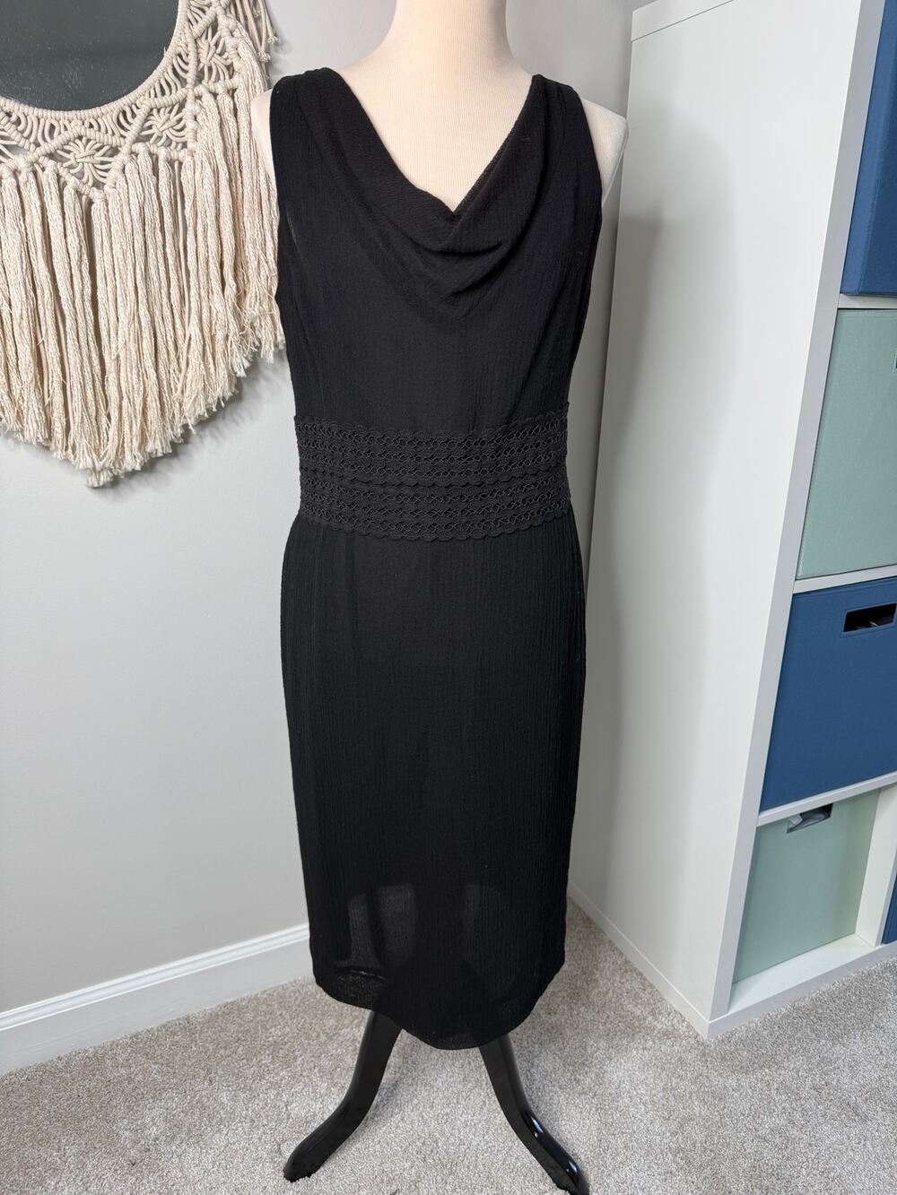 Vtg Philippe Adec Paris Women's Black Cowl Neck Crochet Waist 100% Wool Dress 10
